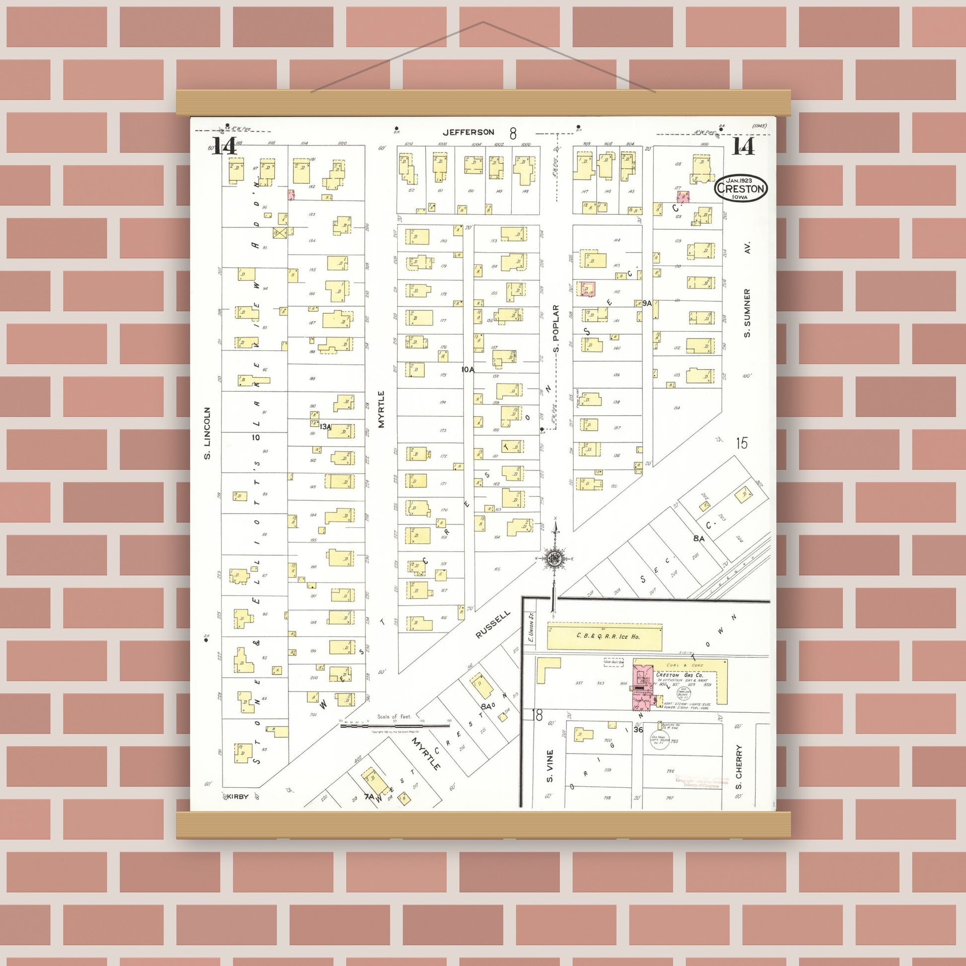 Old map wall art mockup — magnetic wood frame on brick wall — Sanborn Fire Insurance Map from Creston, Union County, Iowa (1923), Sheet #0014