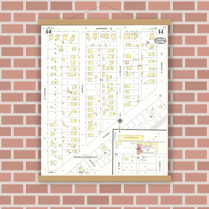 Old map wall art mockup — magnetic wood frame on brick wall — Sanborn Fire Insurance Map from Creston, Union County, Iowa (1923), Sheet #0014