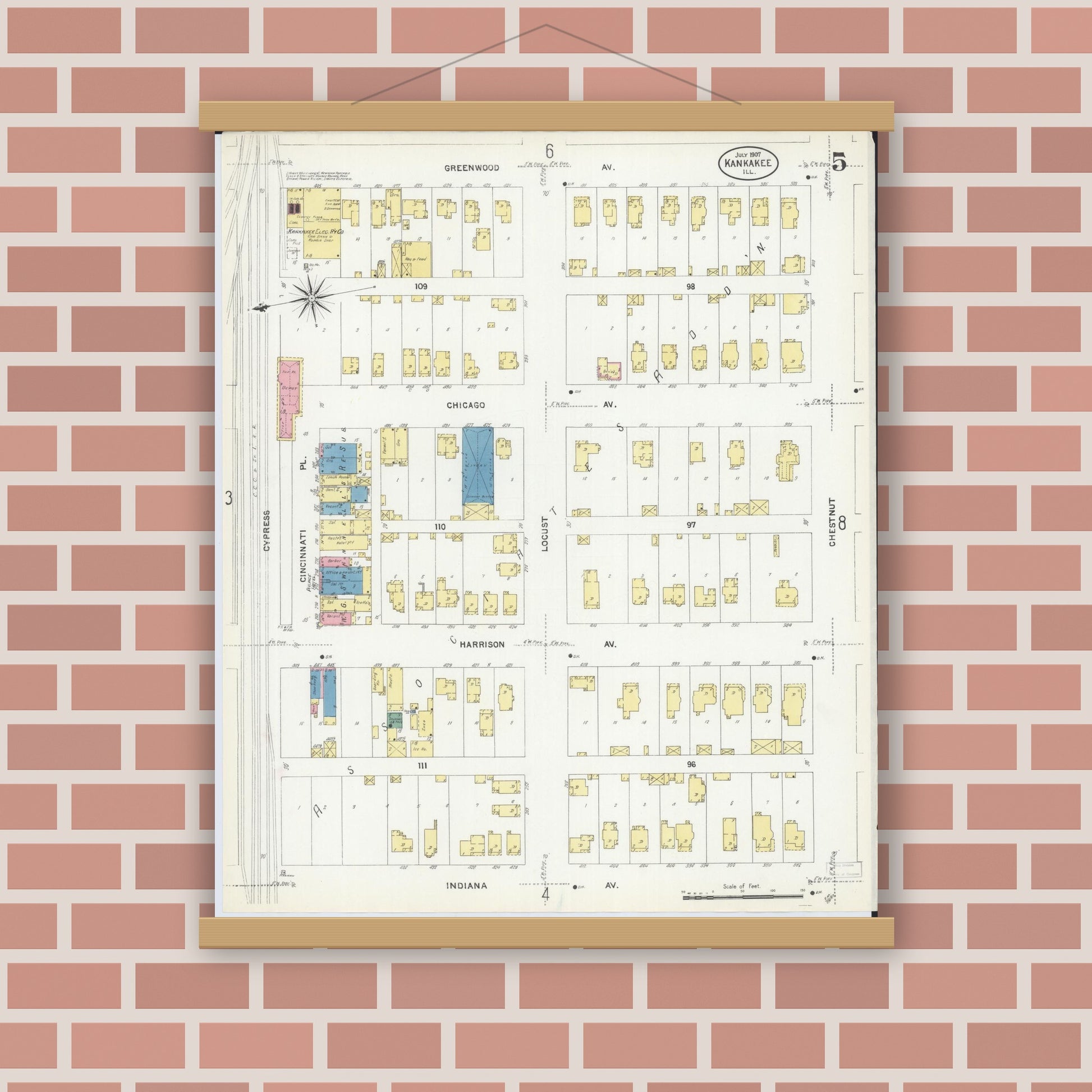 Old map wall art mockup — magnetic wood frame on brick wall — Sanborn Fire Insurance Map from Kankakee, Kankakee County, Illinois (1907), Sheet #0005