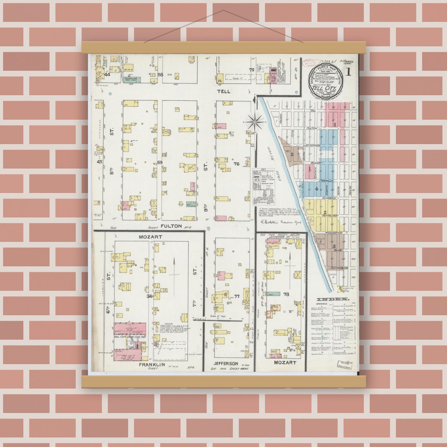 Old map wall art mockup — magnetic wood frame on brick wall — Sanborn Fire Insurance Map from Tell City, Perry County, Indiana (1892) - Complete Map Set