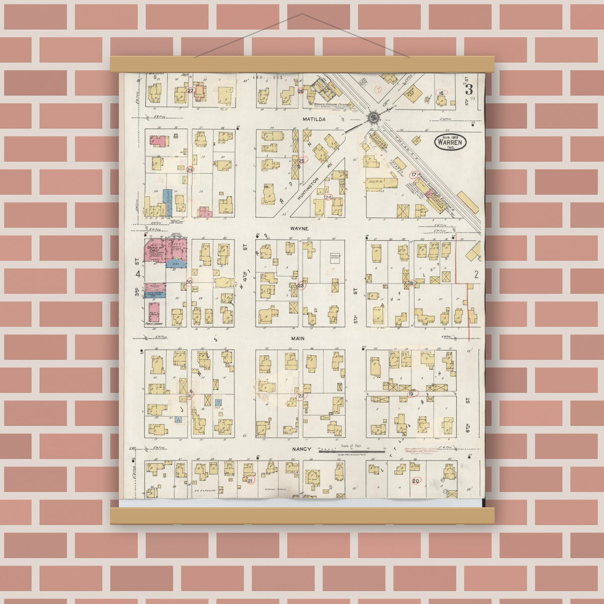 Old map wall art mockup — magnetic wood frame on brick wall — Sanborn Fire Insurance Map from Warren, Huntington County, Indiana (1932), Sheet #0003
