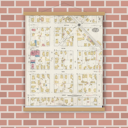 Old map wall art mockup — magnetic wood frame on brick wall — Sanborn Fire Insurance Map from Warren, Huntington County, Indiana (1932), Sheet #0003