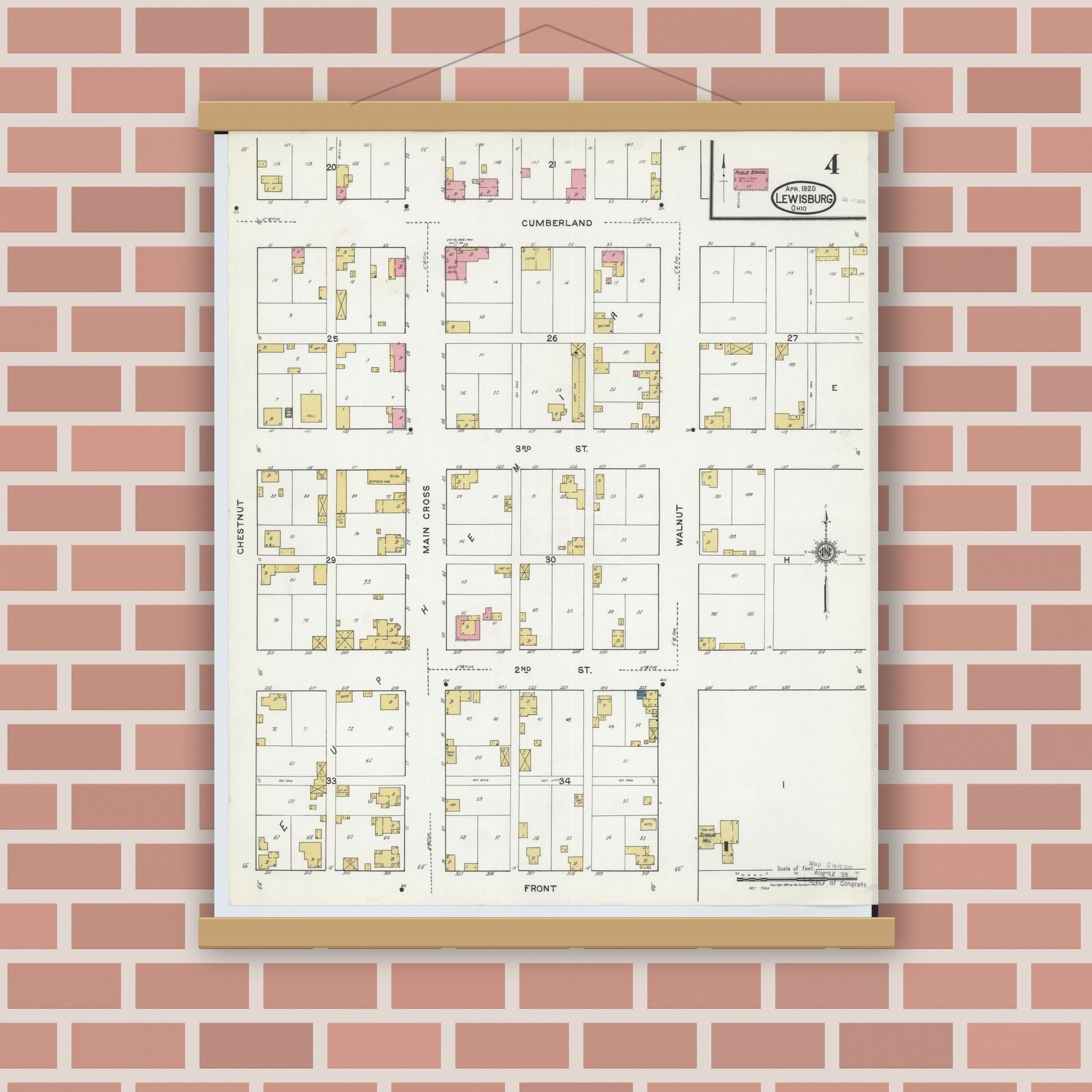 Old map wall art mockup — magnetic wood frame on brick wall — Sanborn Fire Insurance Map from Lewisburg, Preble County, Ohio (1920), Sheet #0004