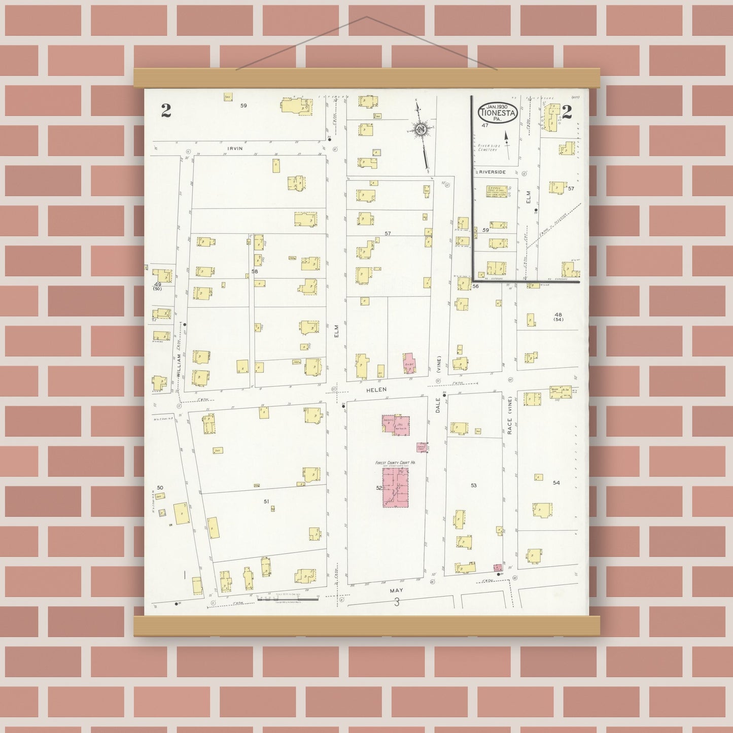 Old map wall art mockup — magnetic wood frame on brick wall — Sanborn Fire Insurance Map from Tionesta, Forest County, Pennsylvania (1930), Sheet #0002