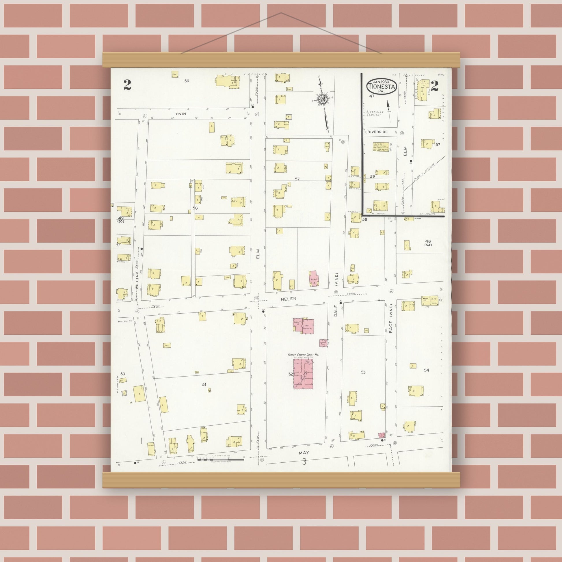 Old map wall art mockup — magnetic wood frame on brick wall — Sanborn Fire Insurance Map from Tionesta, Forest County, Pennsylvania (1930), Sheet #0002