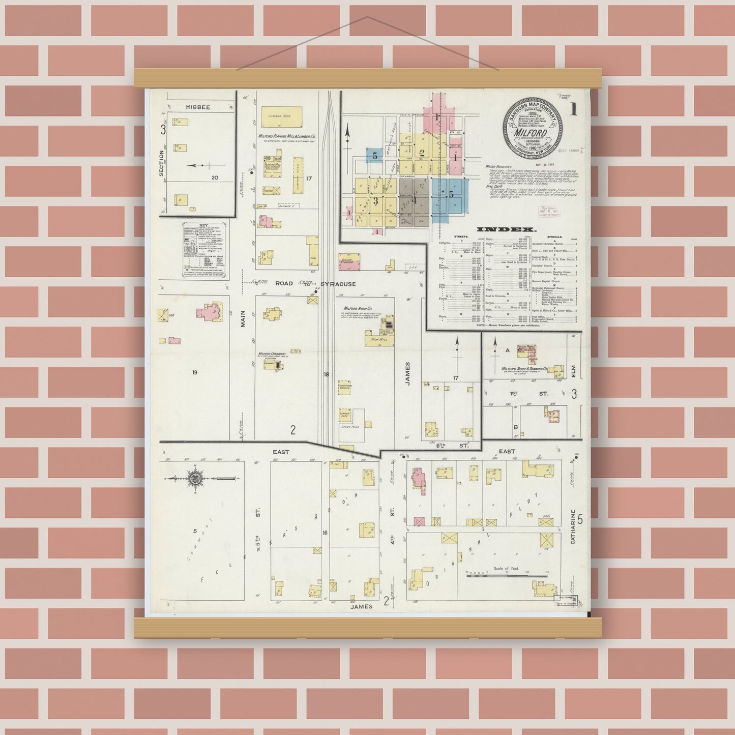 Old map wall art mockup — magnetic wood frame on brick wall — Sanborn Fire Insurance Map from Milford, Kosciusko County, Indiana (1910) - Complete Map Set