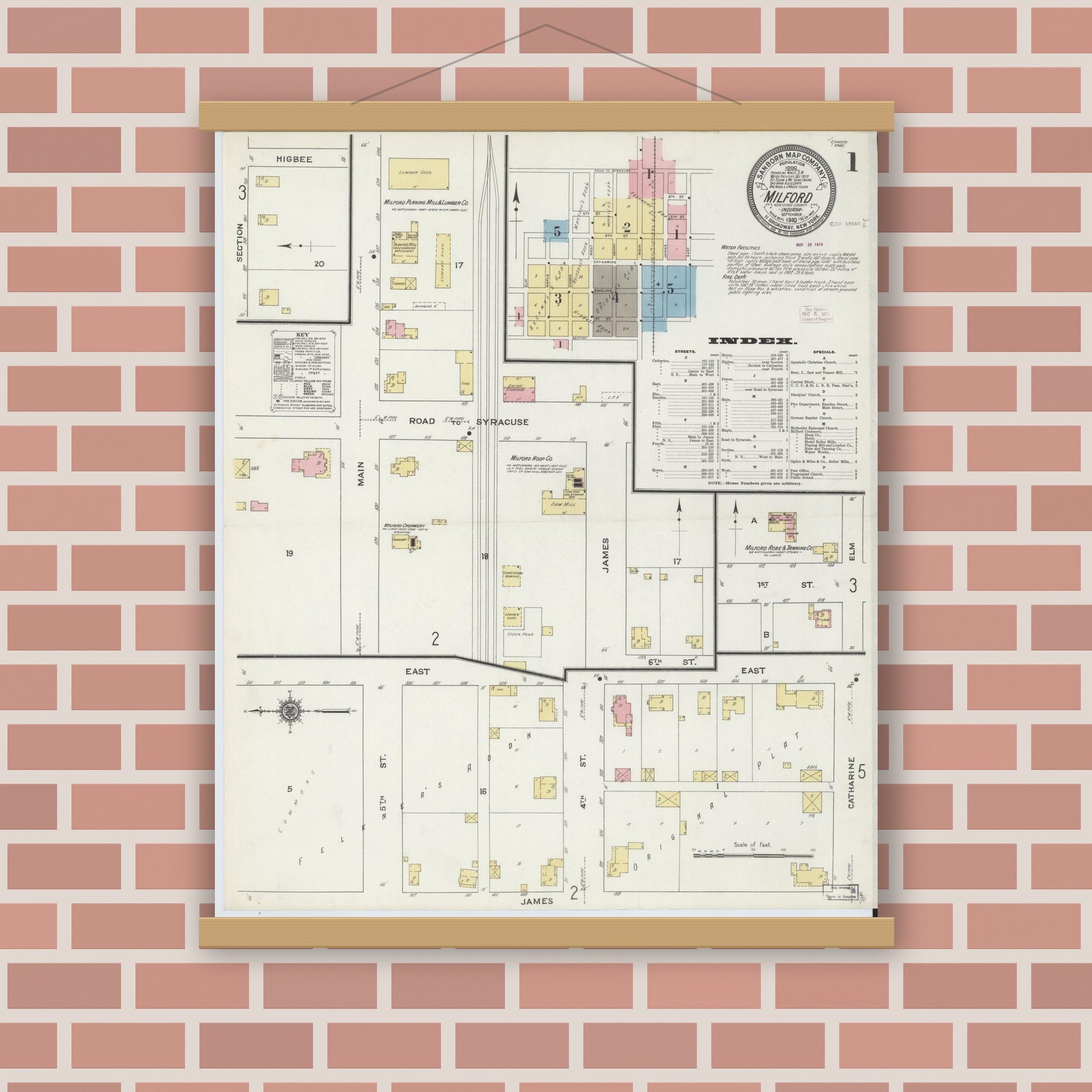 Old map wall art mockup — magnetic wood frame on brick wall — Sanborn Fire Insurance Map from Milford, Kosciusko County, Indiana (1910) - Complete Map Set