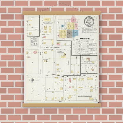 Old map wall art mockup — magnetic wood frame on brick wall — Sanborn Fire Insurance Map from Milford, Kosciusko County, Indiana (1910) - Complete Map Set