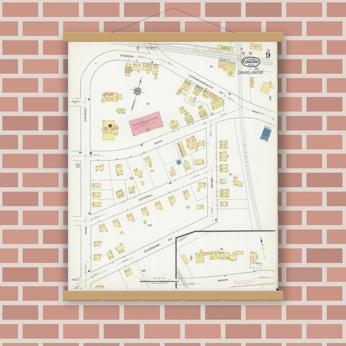 Old map wall art mockup — magnetic wood frame on brick wall — Sanborn Fire Insurance Map from Concord, Middlesex County, Massachusetts (1918), Sheet #0009
