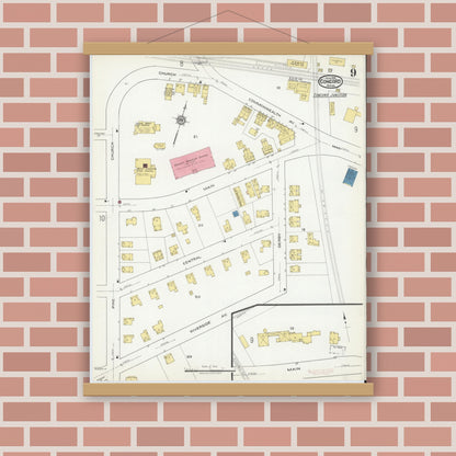 Old map wall art mockup — magnetic wood frame on brick wall — Sanborn Fire Insurance Map from Concord, Middlesex County, Massachusetts (1918), Sheet #0009