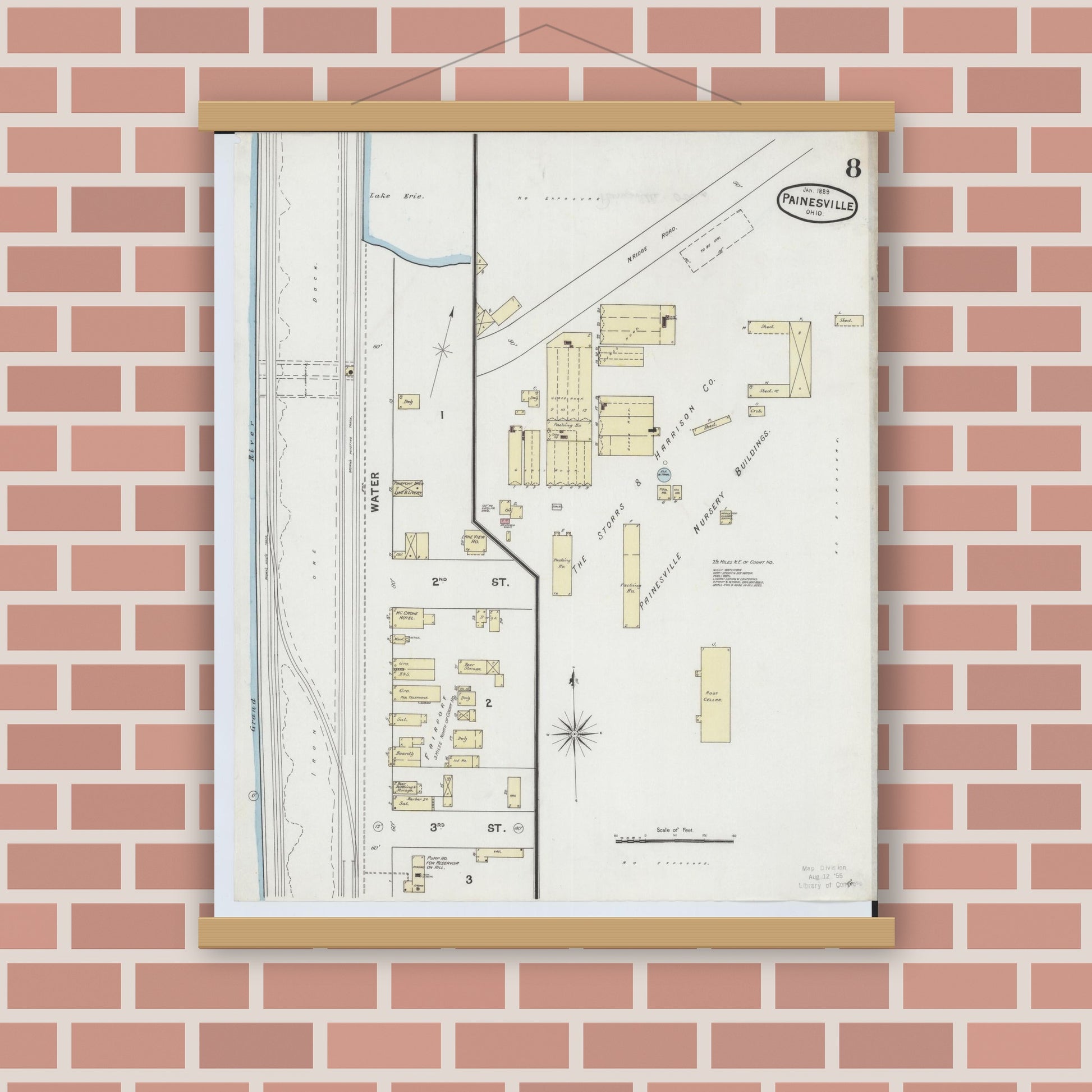 Old map wall art mockup — magnetic wood frame on brick wall — Sanborn Fire Insurance Map from Painesville, Lake County, Ohio (1889), Sheet #0008
