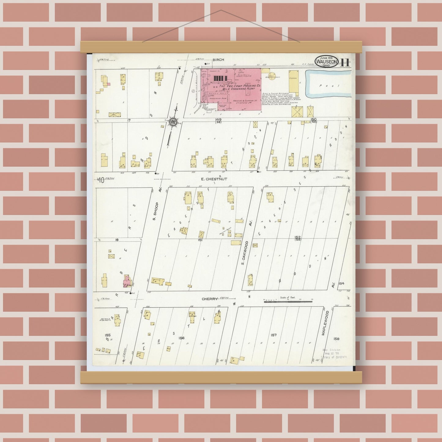 Old map wall art mockup — magnetic wood frame on brick wall — Sanborn Fire Insurance Map from Wauseon, Fulton County, Ohio (1916), Sheet #0011
