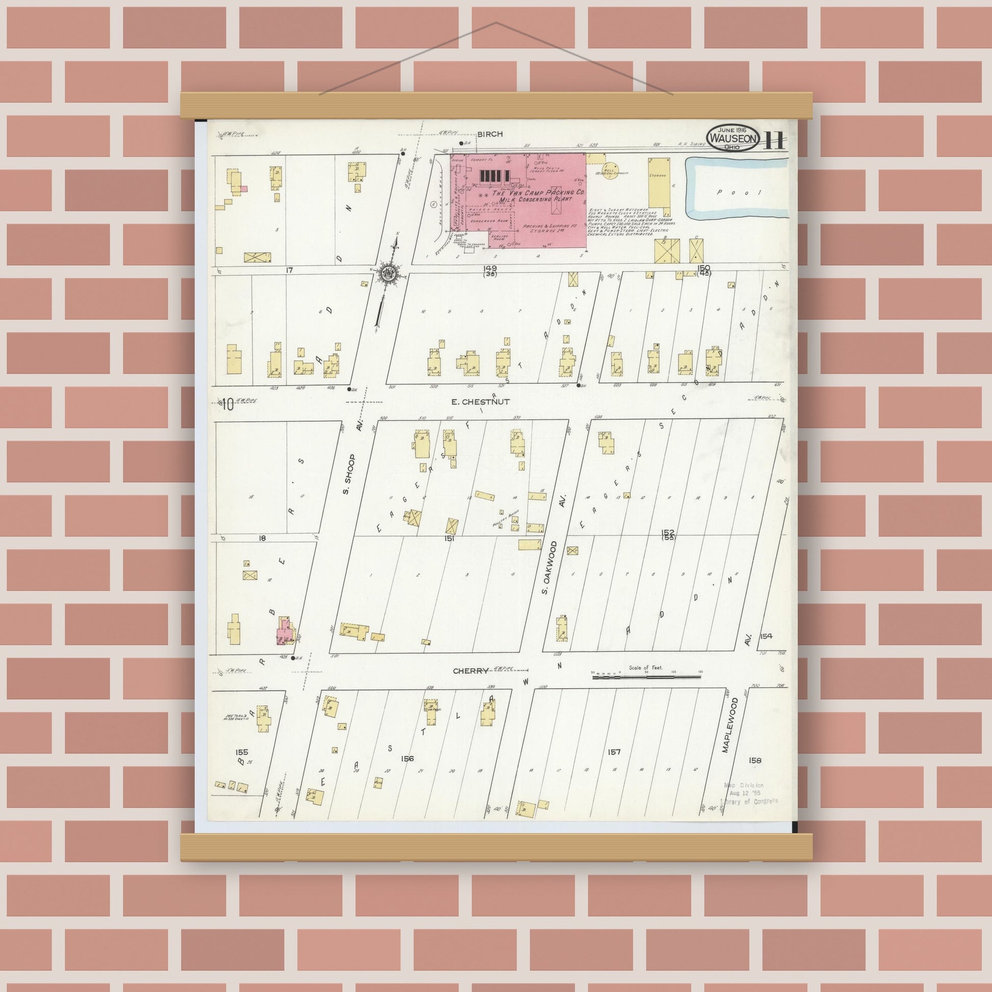 Old map wall art mockup — magnetic wood frame on brick wall — Sanborn Fire Insurance Map from Wauseon, Fulton County, Ohio (1916), Sheet #0011