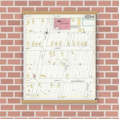 Old map wall art mockup — magnetic wood frame on brick wall — Sanborn Fire Insurance Map from Wauseon, Fulton County, Ohio (1916), Sheet #0011