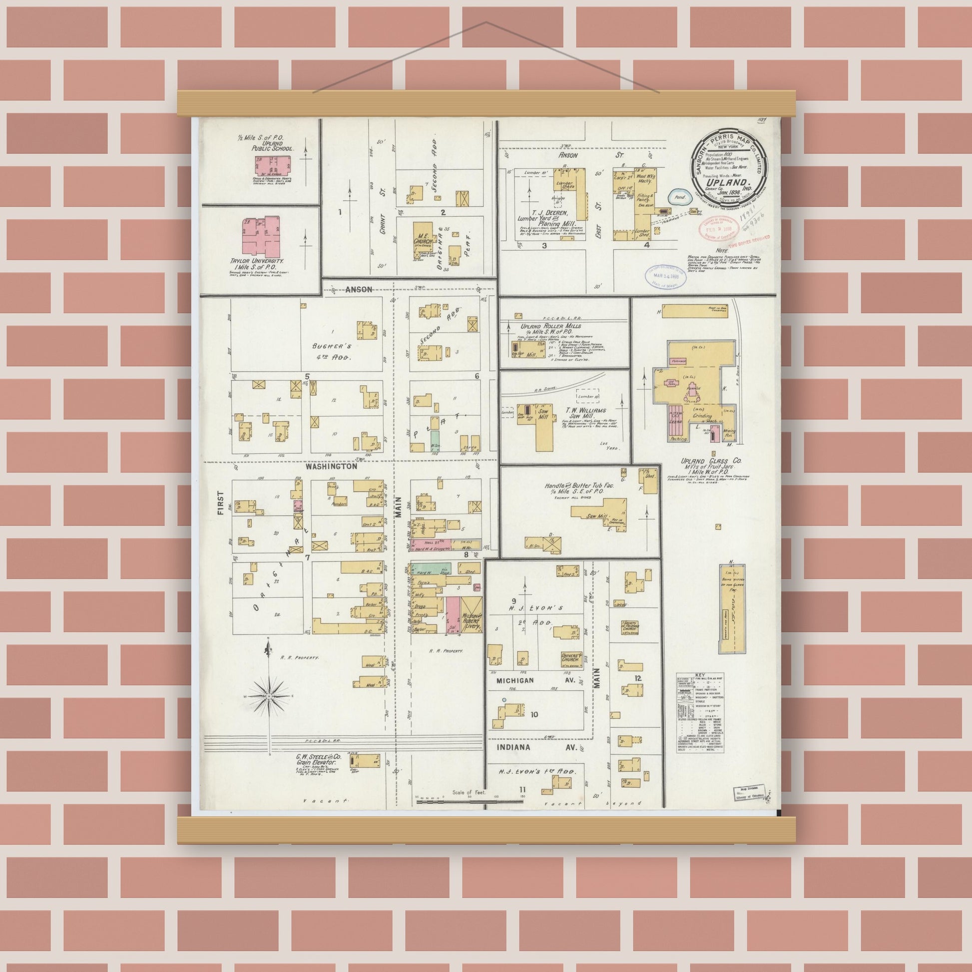 Old map wall art mockup — magnetic wood frame on brick wall — Sanborn Fire Insurance Map from Upland, Grant County, Indiana (1898), Sheet #0001