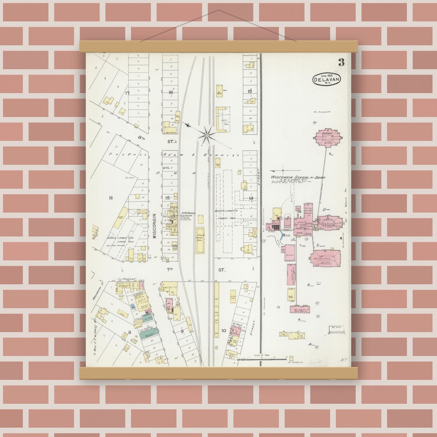 Old map wall art mockup — magnetic wood frame on brick wall — Sanborn Fire Insurance Map from Delavan, Walworth County, Wisconsin (1892), Sheet #0003
