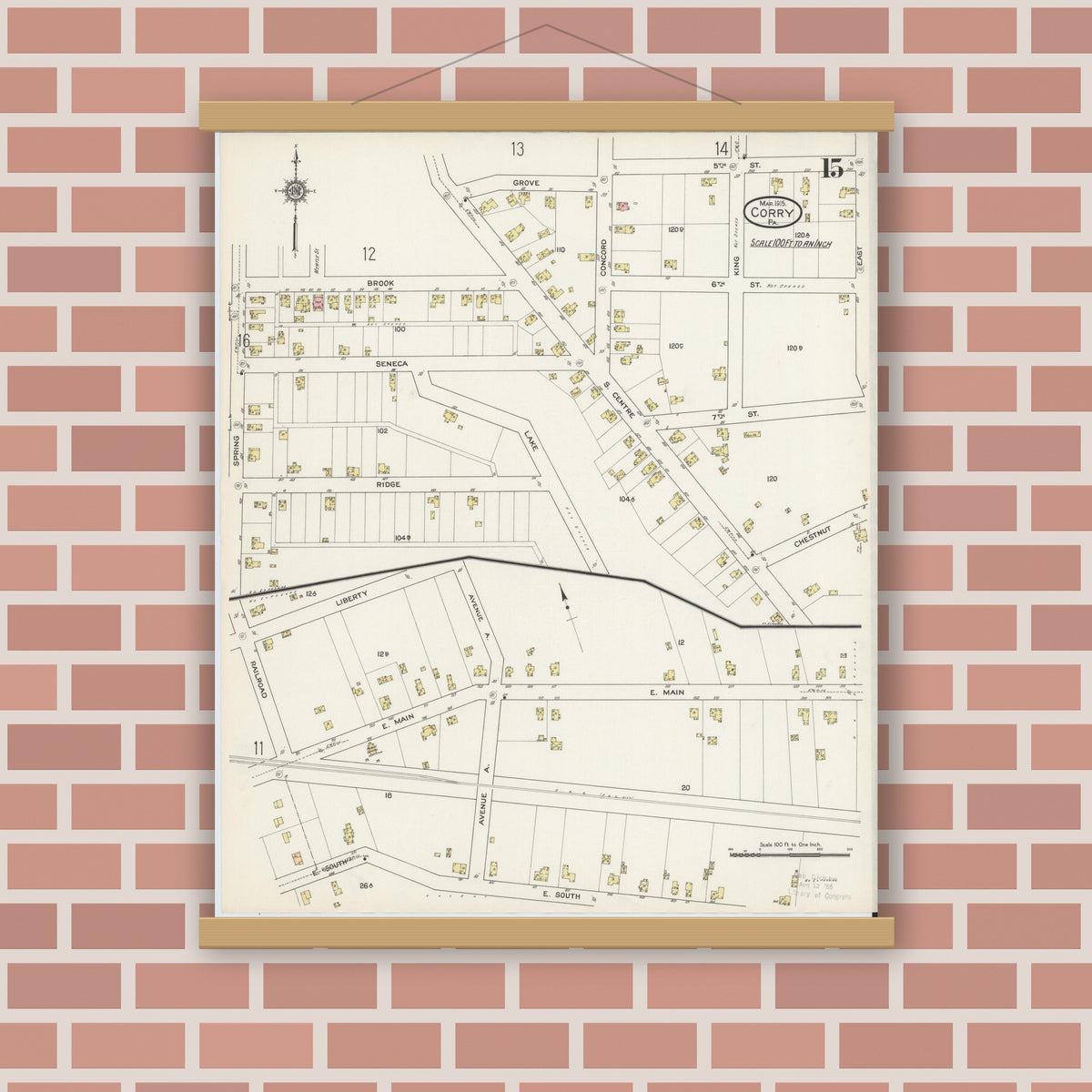 Old map wall art mockup — magnetic wood frame on brick wall — Sanborn Fire Insurance Map from Corry, Erie County, Pennsylvania (1915), Sheet #0015