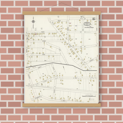 Old map wall art mockup — magnetic wood frame on brick wall — Sanborn Fire Insurance Map from Corry, Erie County, Pennsylvania (1915), Sheet #0015
