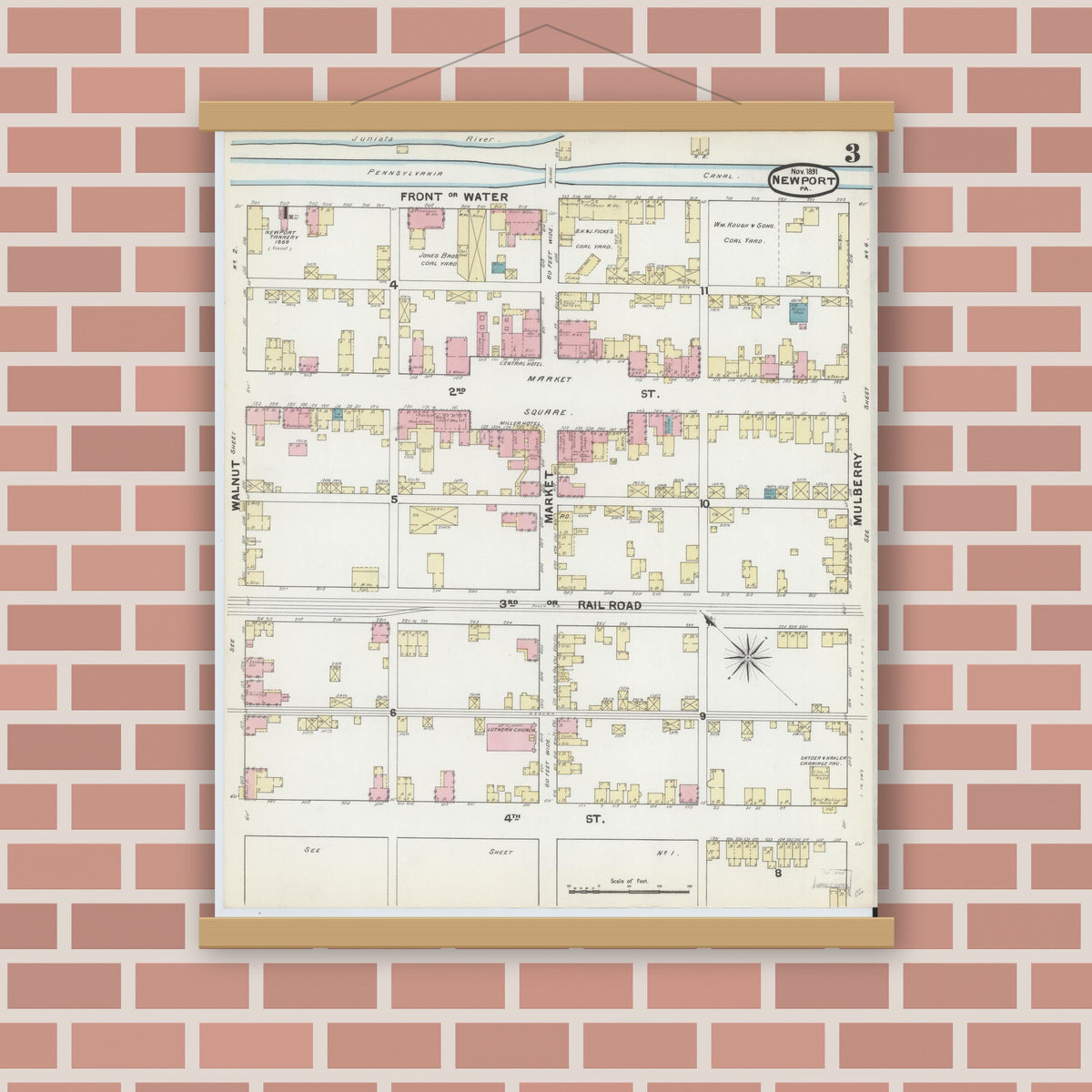 Old map wall art mockup — magnetic wood frame on brick wall — Sanborn Fire Insurance Map from Newport, Perry County, Pennsylvania (1891), Sheet #0003