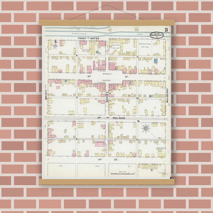 Old map wall art mockup — magnetic wood frame on brick wall — Sanborn Fire Insurance Map from Newport, Perry County, Pennsylvania (1891), Sheet #0003
