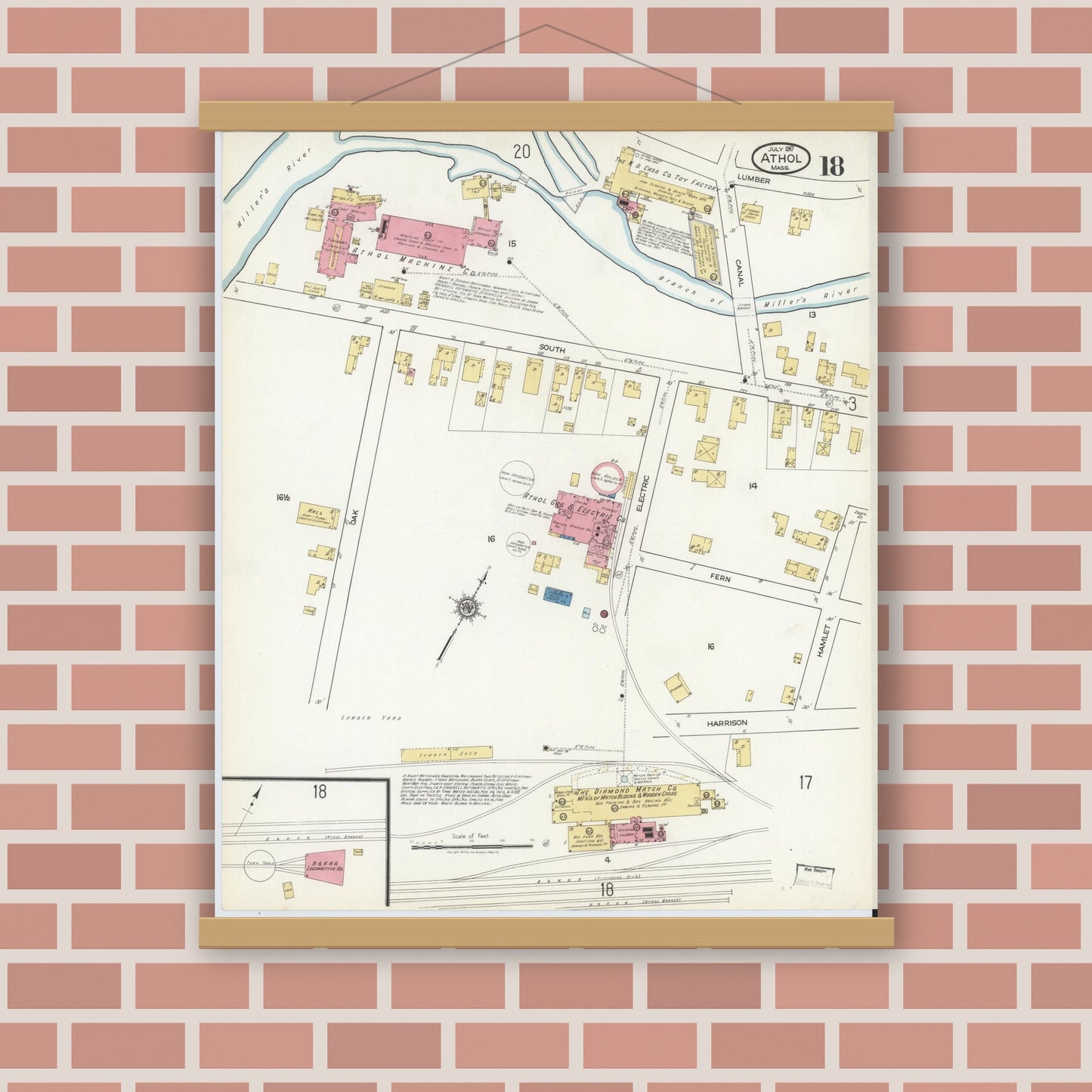 Old map wall art mockup — magnetic wood frame on brick wall — Sanborn Fire Insurance Map from Athol, Worcester County, Massachusetts (1917), Sheet #0018