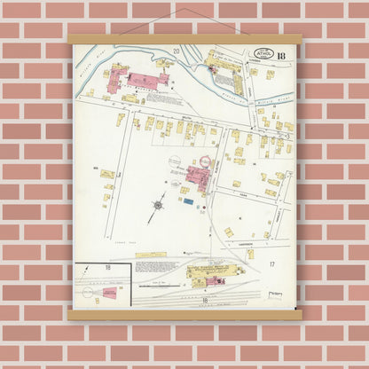 Old map wall art mockup — magnetic wood frame on brick wall — Sanborn Fire Insurance Map from Athol, Worcester County, Massachusetts (1917), Sheet #0018