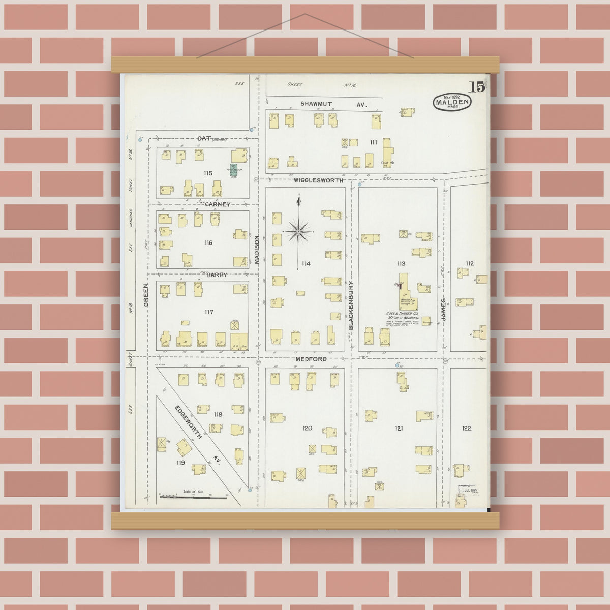Old map wall art mockup — magnetic wood frame on brick wall — Sanborn Fire Insurance Map from Malden, Middlesex County, Massachusetts (1892), Sheet #0015