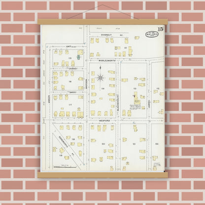 Old map wall art mockup — magnetic wood frame on brick wall — Sanborn Fire Insurance Map from Malden, Middlesex County, Massachusetts (1892), Sheet #0015