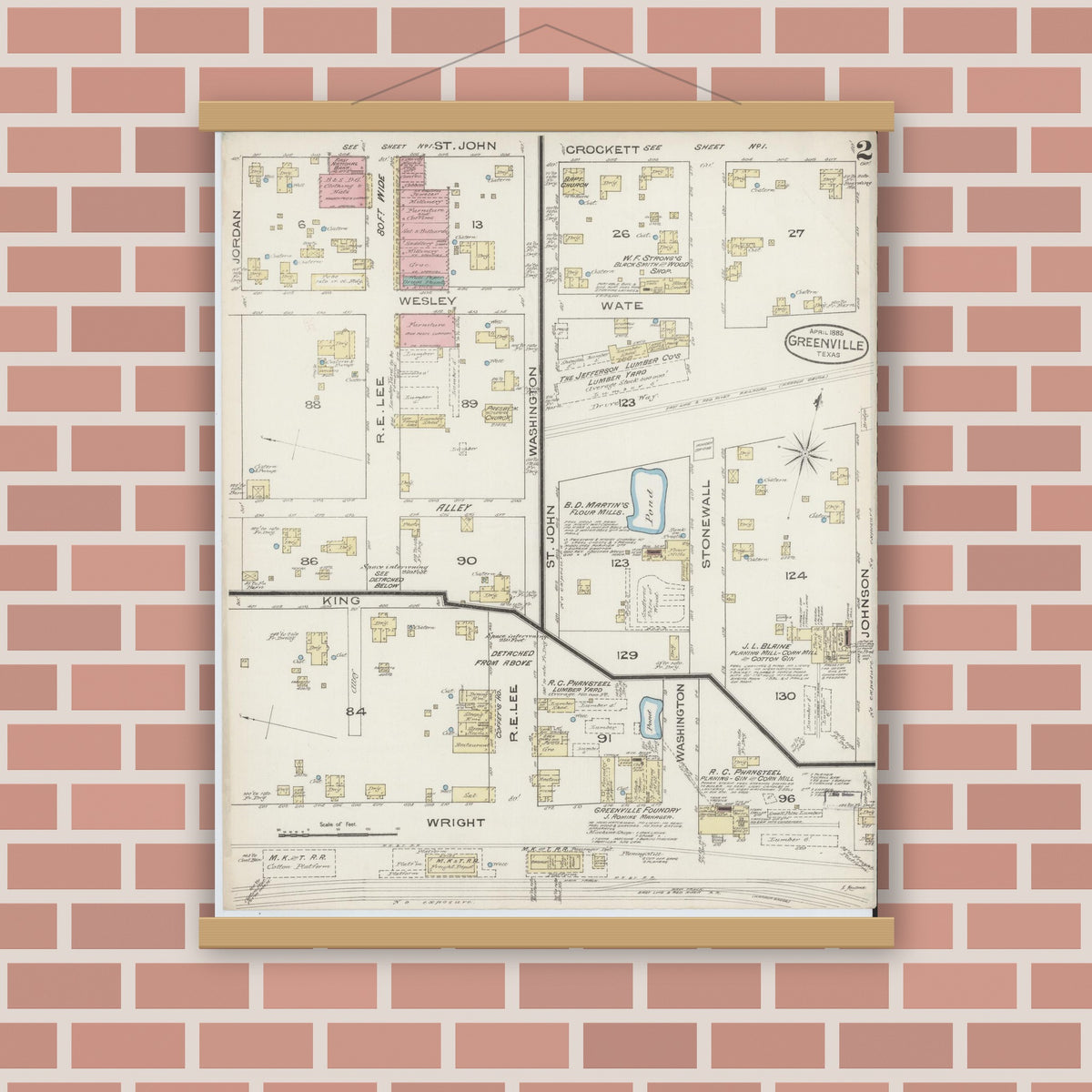 Old map wall art mockup — magnetic wood frame on brick wall — Sanborn Fire Insurance Map from Greenville, Hunt County, Texas (1885), Sheet #0002