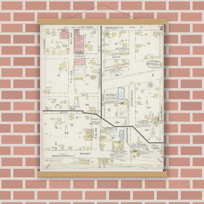 Old map wall art mockup — magnetic wood frame on brick wall — Sanborn Fire Insurance Map from Greenville, Hunt County, Texas (1885), Sheet #0002