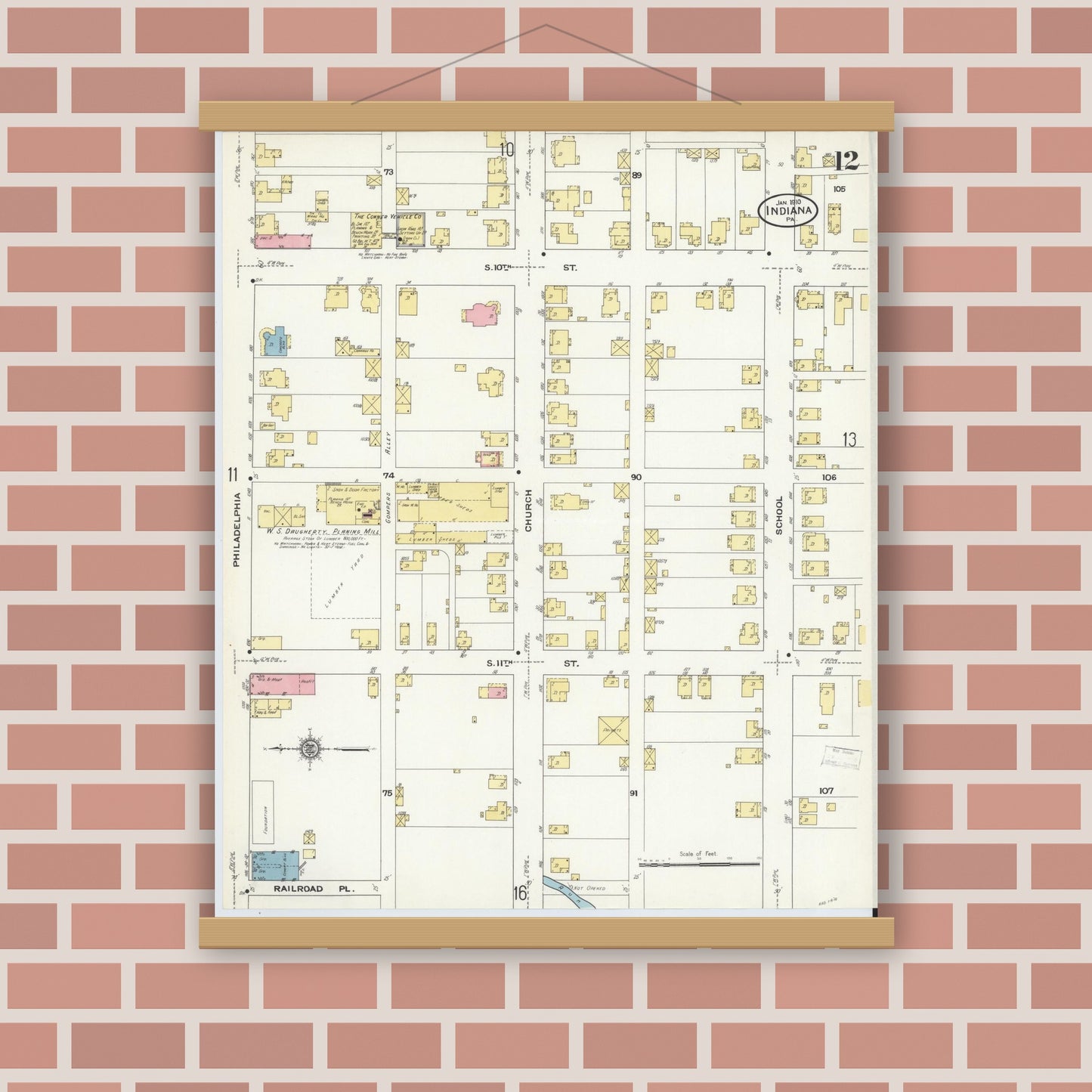 Old map wall art mockup — magnetic wood frame on brick wall — Sanborn Fire Insurance Map from Indiana, Indiana County, Pennsylvania (1910), Sheet #0012