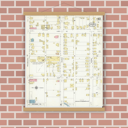 Old map wall art mockup — magnetic wood frame on brick wall — Sanborn Fire Insurance Map from Indiana, Indiana County, Pennsylvania (1910), Sheet #0012