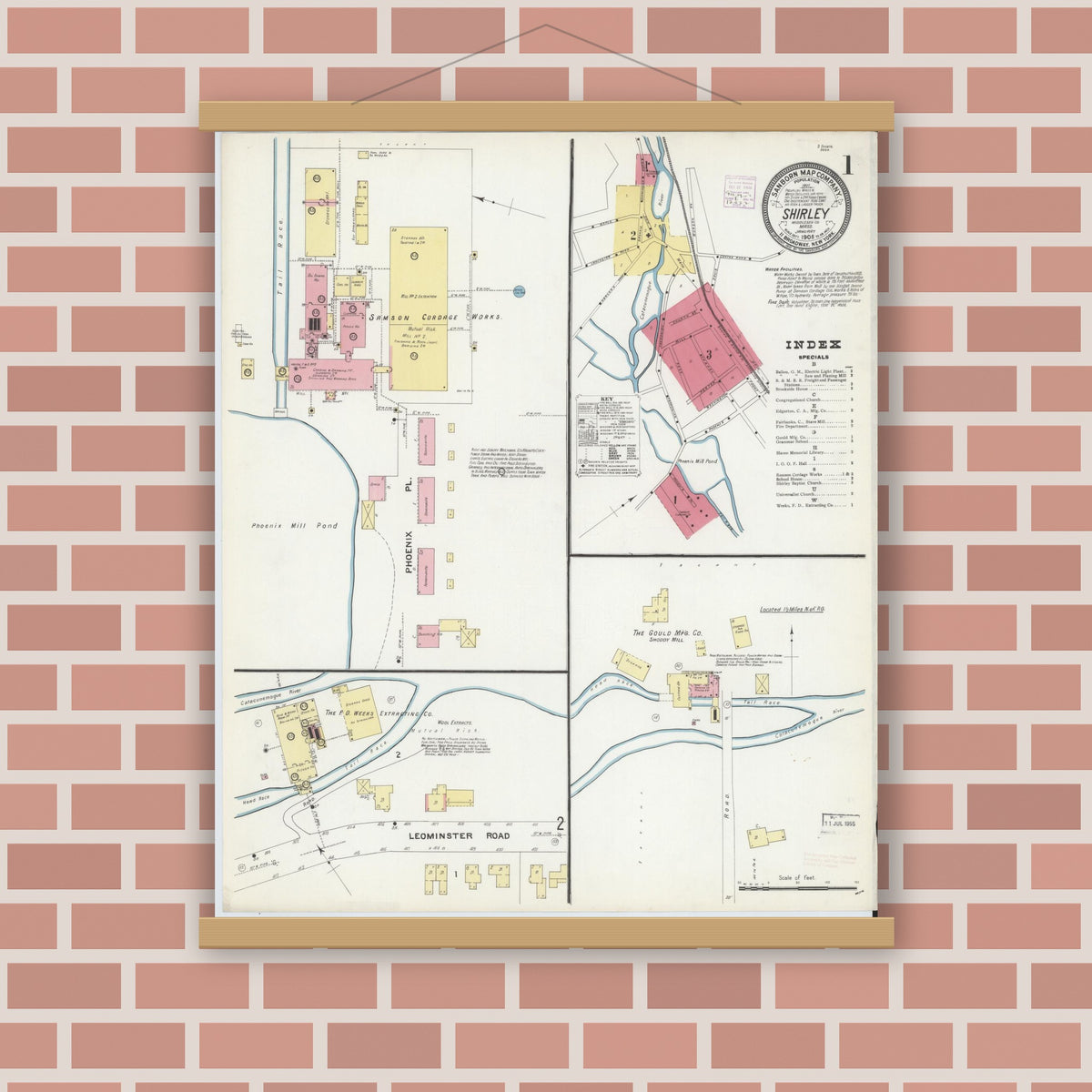 Old map wall art mockup — magnetic wood frame on brick wall — Sanborn Fire Insurance Map from Shirley, Middlesex County, Massachusetts (1908), Sheet #0001