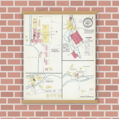 Old map wall art mockup — magnetic wood frame on brick wall — Sanborn Fire Insurance Map from Shirley, Middlesex County, Massachusetts (1908), Sheet #0001