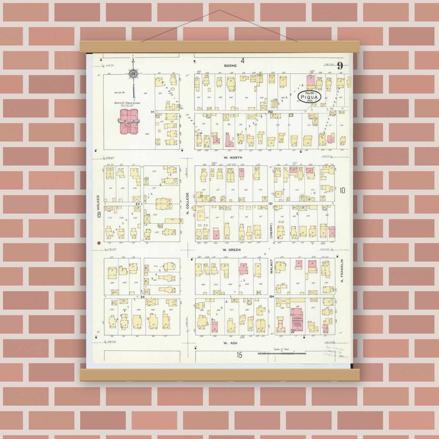Old map wall art mockup — magnetic wood frame on brick wall — Sanborn Fire Insurance Map from Piqua, Miami County, Ohio (1911), Sheet #0009