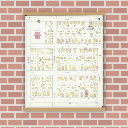 Old map wall art mockup — magnetic wood frame on brick wall — Sanborn Fire Insurance Map from Piqua, Miami County, Ohio (1911), Sheet #0009