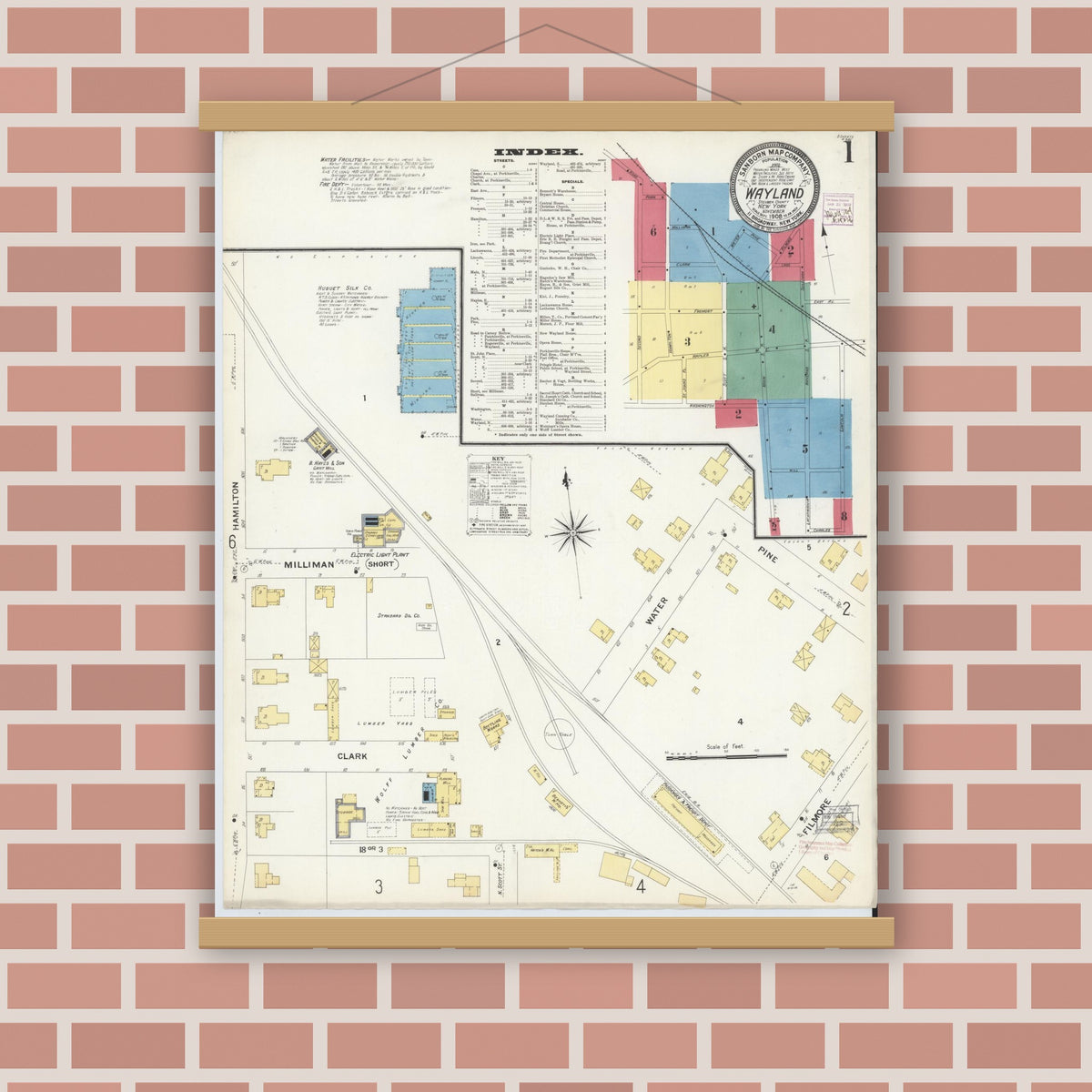Old map wall art mockup — magnetic wood frame on brick wall — Sanborn Fire Insurance Map from Wayland, Steuben County, New York (1908), Sheet #0001
