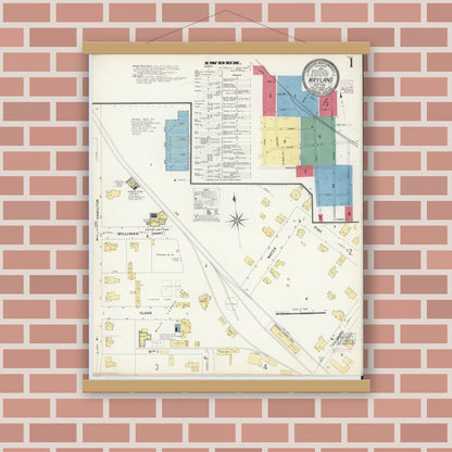 Old map wall art mockup — magnetic wood frame on brick wall — Sanborn Fire Insurance Map from Wayland, Steuben County, New York (1908), Sheet #0001