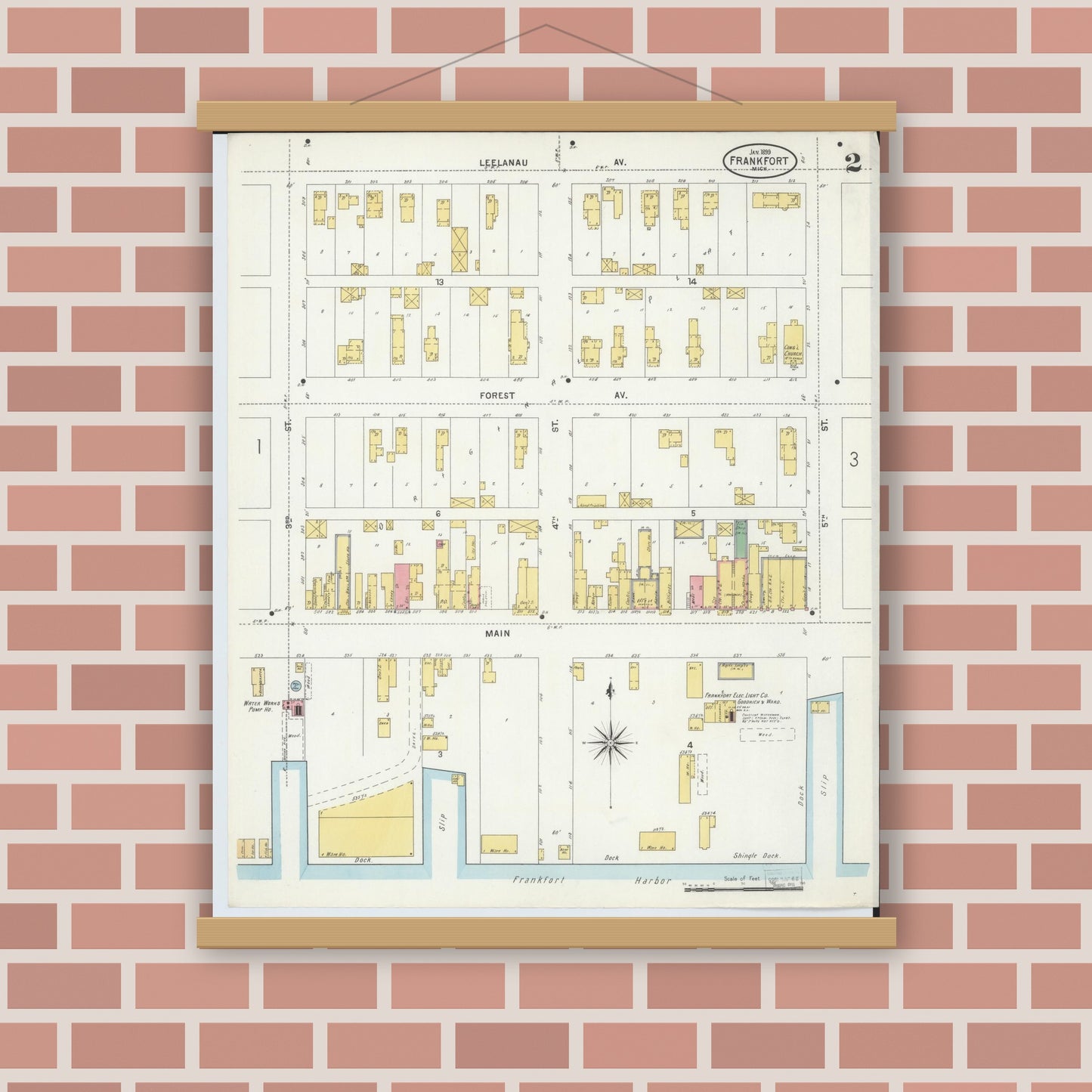Old map wall art mockup — magnetic wood frame on brick wall — Sanborn Fire Insurance Map from Frankfort, Benzie County, Michigan (1899), Sheet #0002