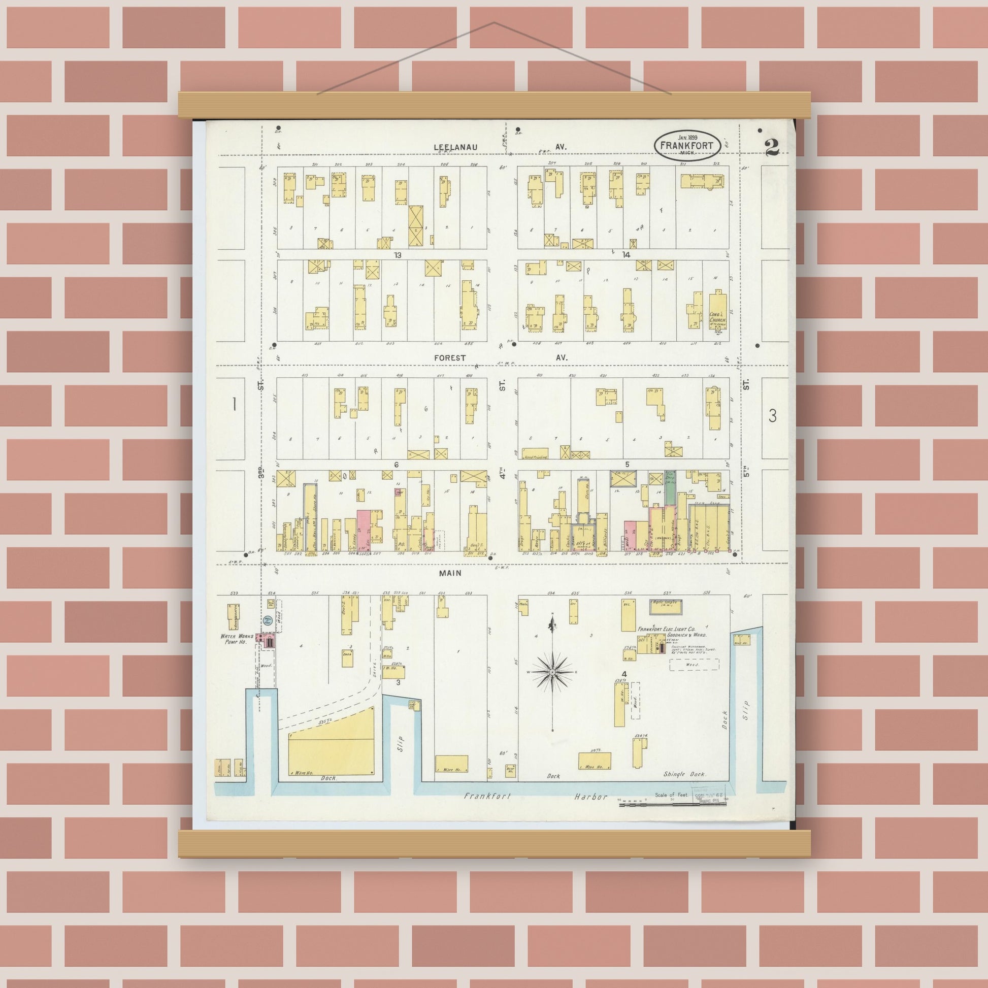 Old map wall art mockup — magnetic wood frame on brick wall — Sanborn Fire Insurance Map from Frankfort, Benzie County, Michigan (1899), Sheet #0002