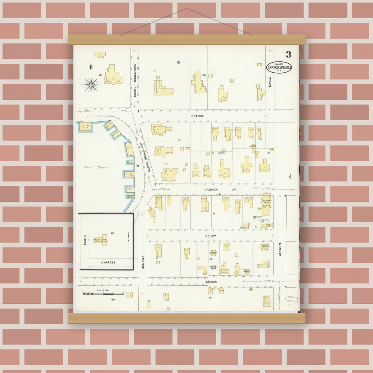 Old map wall art mockup — magnetic wood frame on brick wall — Sanborn Fire Insurance Map from Tarpon Springs, Pinellas County, Florida (1909), Sheet #0003