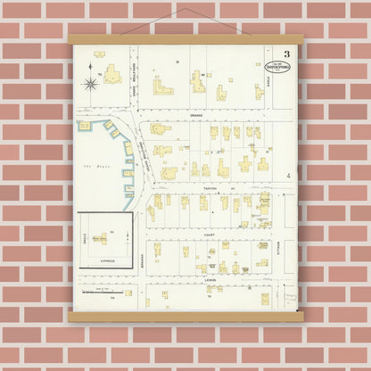 Old map wall art mockup — magnetic wood frame on brick wall — Sanborn Fire Insurance Map from Tarpon Springs, Pinellas County, Florida (1909), Sheet #0003