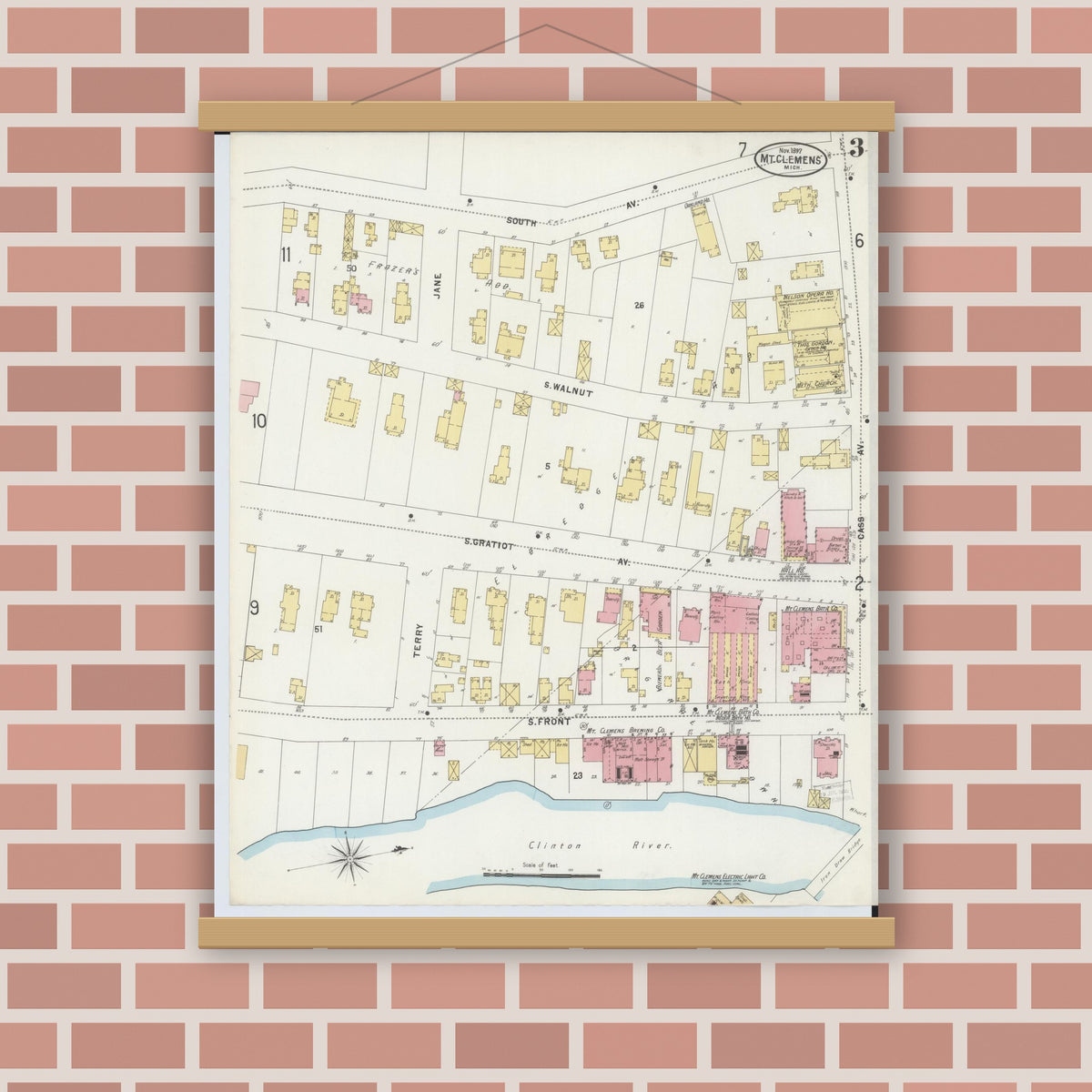 Old map wall art mockup — magnetic wood frame on brick wall — Sanborn Fire Insurance Map from Mount Clemens, Macomb County, Michigan (1897), Sheet #0003