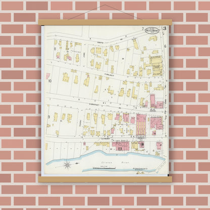 Old map wall art mockup — magnetic wood frame on brick wall — Sanborn Fire Insurance Map from Mount Clemens, Macomb County, Michigan (1897), Sheet #0003