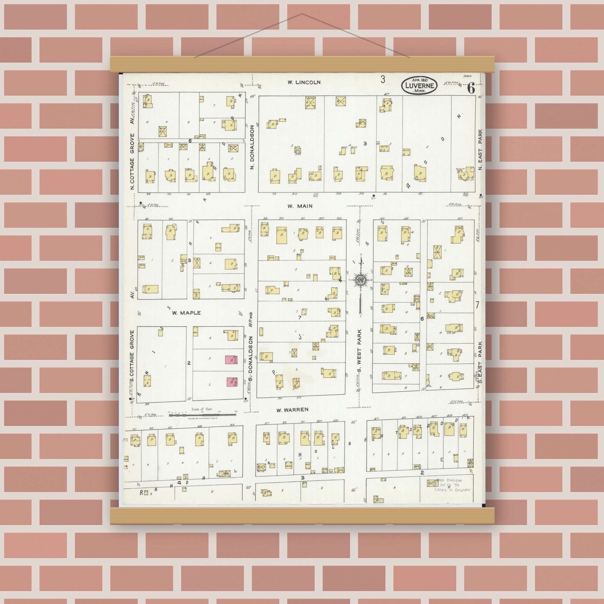 Old map wall art mockup — magnetic wood frame on brick wall — Sanborn Fire Insurance Map from Luverne, Rock County, Minnesota (1921), Sheet #0006