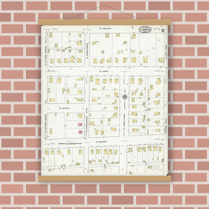 Old map wall art mockup — magnetic wood frame on brick wall — Sanborn Fire Insurance Map from Luverne, Rock County, Minnesota (1921), Sheet #0006