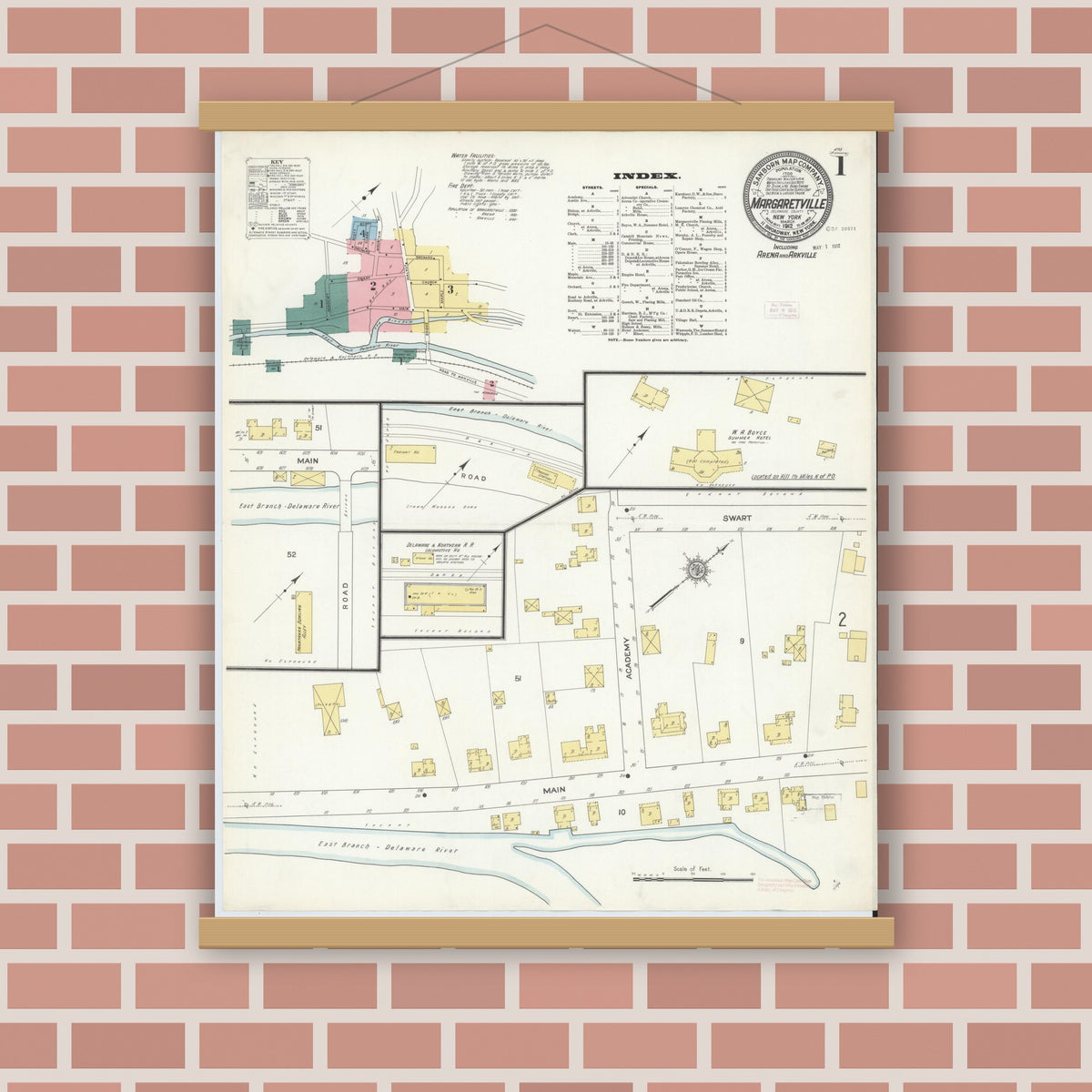 Old map wall art mockup — magnetic wood frame on brick wall — Sanborn Fire Insurance Map from Margaretville, Delaware County, New York (1912), Sheet #0001