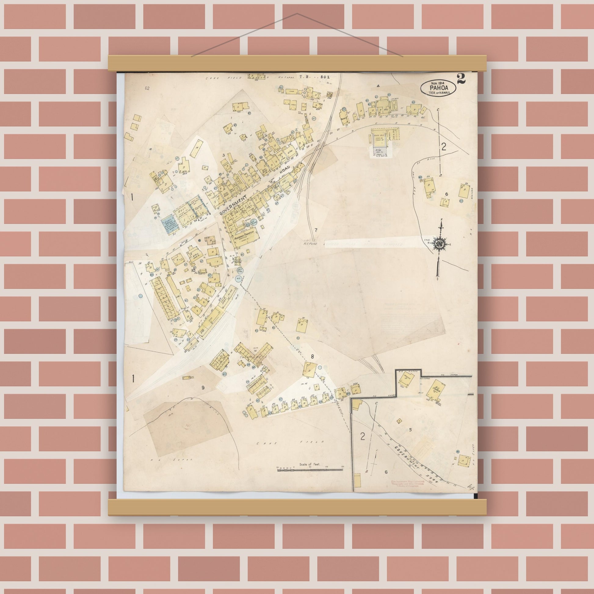 Old map wall art mockup — magnetic wood frame on brick wall — Sanborn Fire Insurance Map from Pahoa, Hawaii County, Hawaii (1956), Sheet #0002