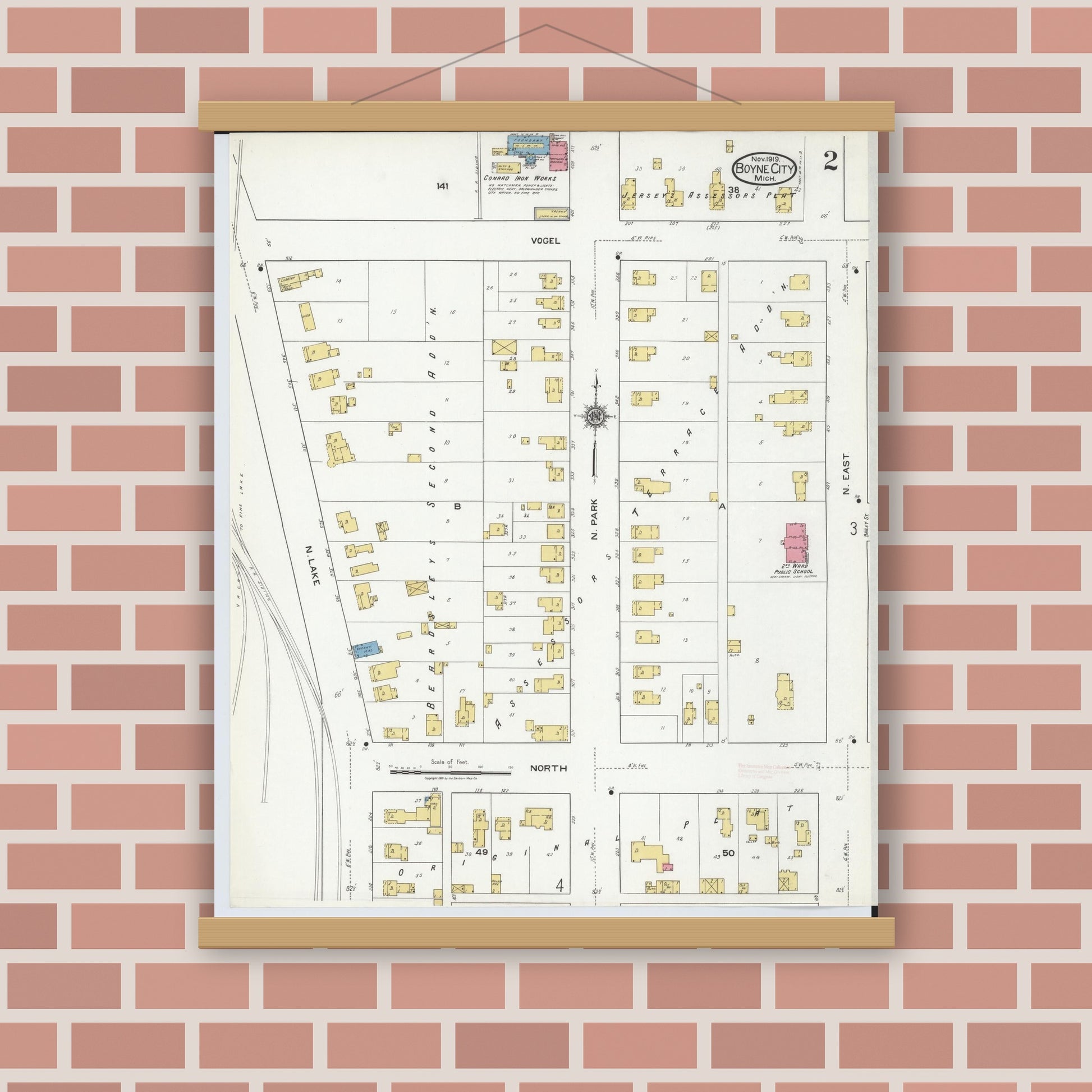 Old map wall art mockup — magnetic wood frame on brick wall — Sanborn Fire Insurance Map from Boyne City, Charlevoix County, Michigan (1919), Sheet #0002
