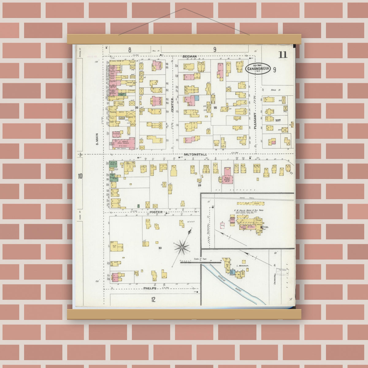 Old map wall art mockup — magnetic wood frame on brick wall — Sanborn Fire Insurance Map from Canandaigua, Ontario County, New York (1904), Sheet #0011